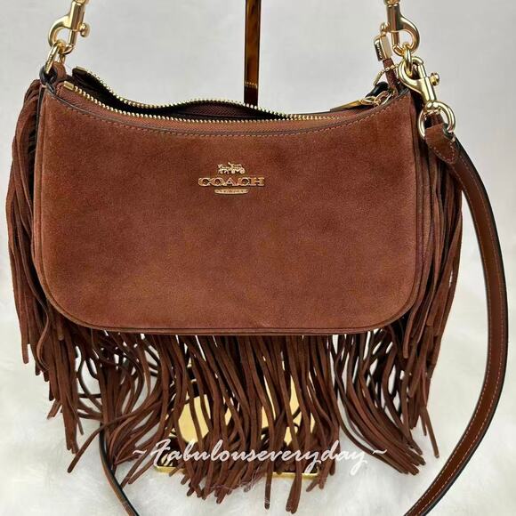 Coach Teri Shoulder/Crossbody Bag With Fringe In Suede/Vintage Brown CCC66 NWT - Picture 2 of 11